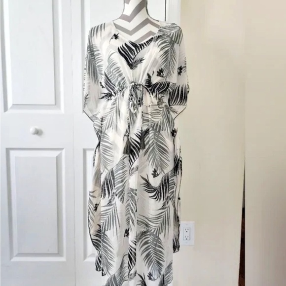 Kona Sol Palm Leaf Kaftan Swim Cover Up V-Neck Drawstring Waist White Green S - Picture 2 of 5